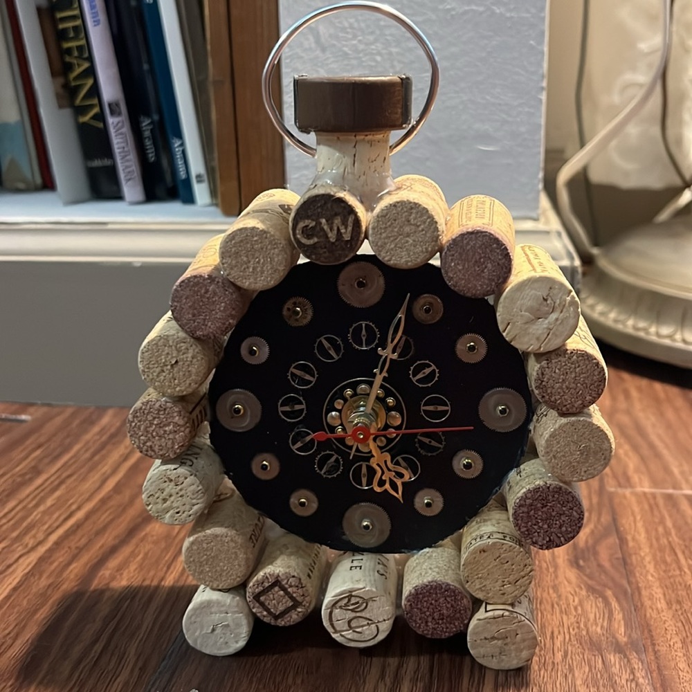 Adorable cork clock with clock part details!